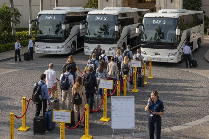 Multi-coach staging plan at a hotel driveway with bay numbers, boarding lanes, and radio-controlled dispatch coordination for a group movement